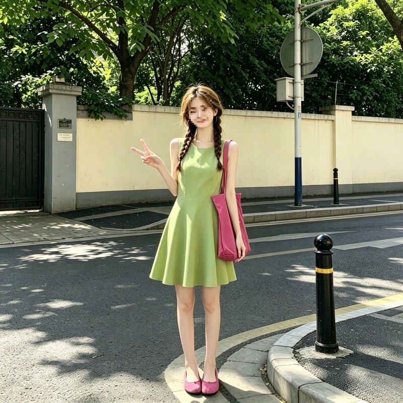 Fresh and simple black dress for petite students, sweet Korean-style solid color sleeveless floral princess dress, trendy