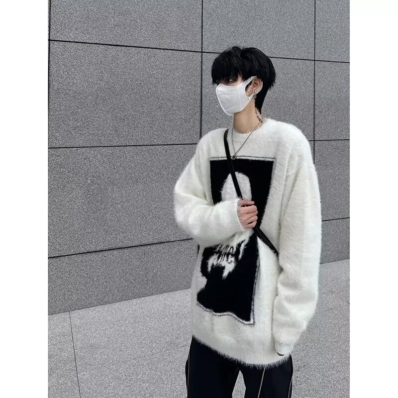 Mink fur skull jacquard sweater men's and women's high street loose lazy style fleece-lined thickened couple sweater top