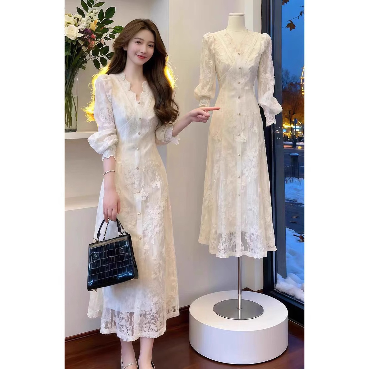 Velvet Bottoming French Style Ladylike Collar Long-Sleeved Dress 2025 Autum Lace Beautiful Waist-Length Dress