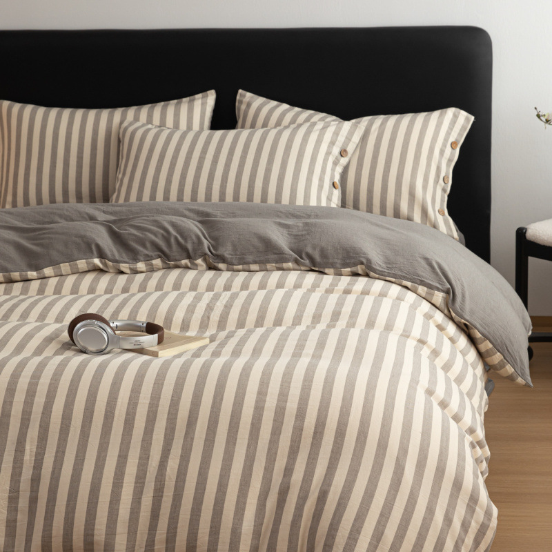 Cotton Linen Bedding Set Striped Plaid Four Piece Sheet Set_voghion.com