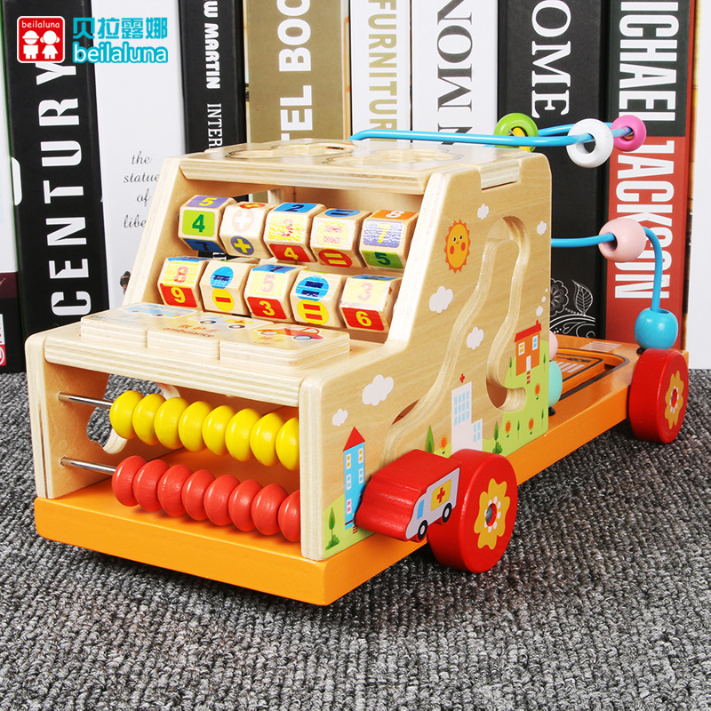 Caja del tesoro multifuncional grande para niños, música, cuentas, juguetes educativos de madera para bebés, 0-3 años