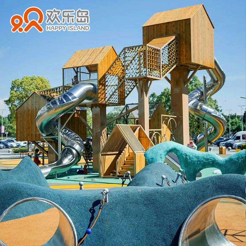 Real estate community Outdoor Amusement equipment manufacturers design children's paradise tree house wooden house stainless steel slide customization