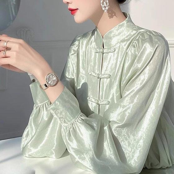 New Chinese Style Women's Clothing National Style Green Satin Shirt 2025 Early Spring Long Sleeve Shirt Super Nice Retro Button Top
