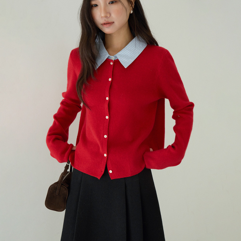Oufan Festival Red Patchwork Striped Lapel Fake Two-Piece Cardigan Knitted Sweater for Women Autumn/Winter Warm Sweater 11076 Oufan Festival Red Patchwork Striped Lapel Fake Two-Piece Cardigan Knitted Sweater for Women Autumn/Winter Warm Sweater 11076