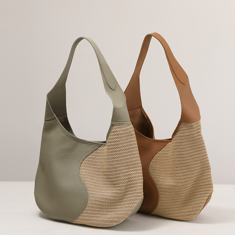 First Layer Cowhide + Straw Craft Women's Shoulder Bag Literary Style Korean Style Large Capacity Contrasting Color Tote Women's Bag