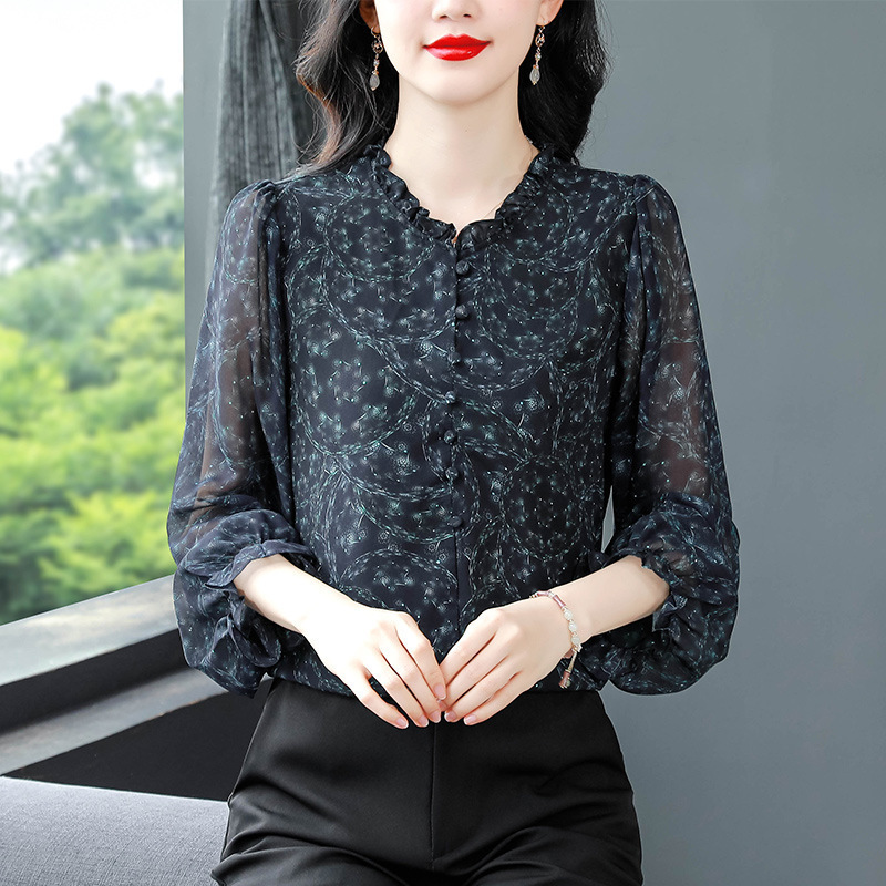 Brand Middle-Aged Women's Silk Chiffon Shirt, Long-Sleeved Spring New Style, Printed Blouse for Moms, High-End Mulberry Silk Top
