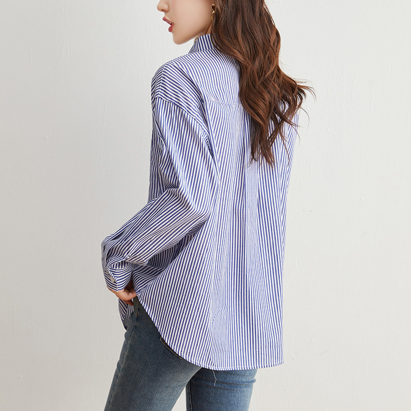 Directo de fábrica puro algodón azul rayas camisa de las mujeres de manga larga otoño nueva suelta adelgazante camisa casual todo-Juego superior