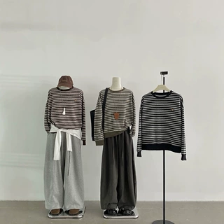 秋冬新款韩系休闲时尚复古条纹刺绣卡通宽松圆领毛绒卫衣上衣2727