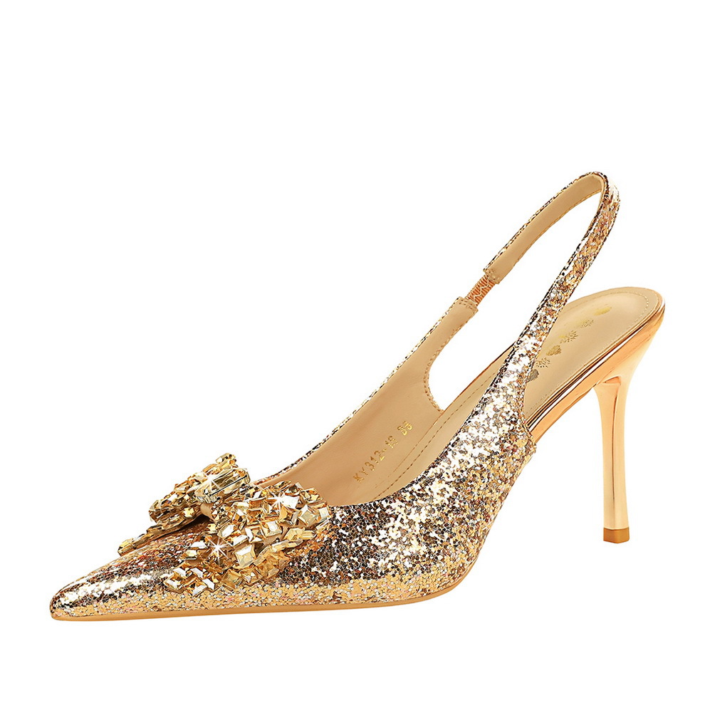 312-H163 European and American Feng Shui Diamond Bow High Heels, Thin Heels, Pointed Women's Shoes, Shining sequins, Rear Tripstrap, Single Shoe