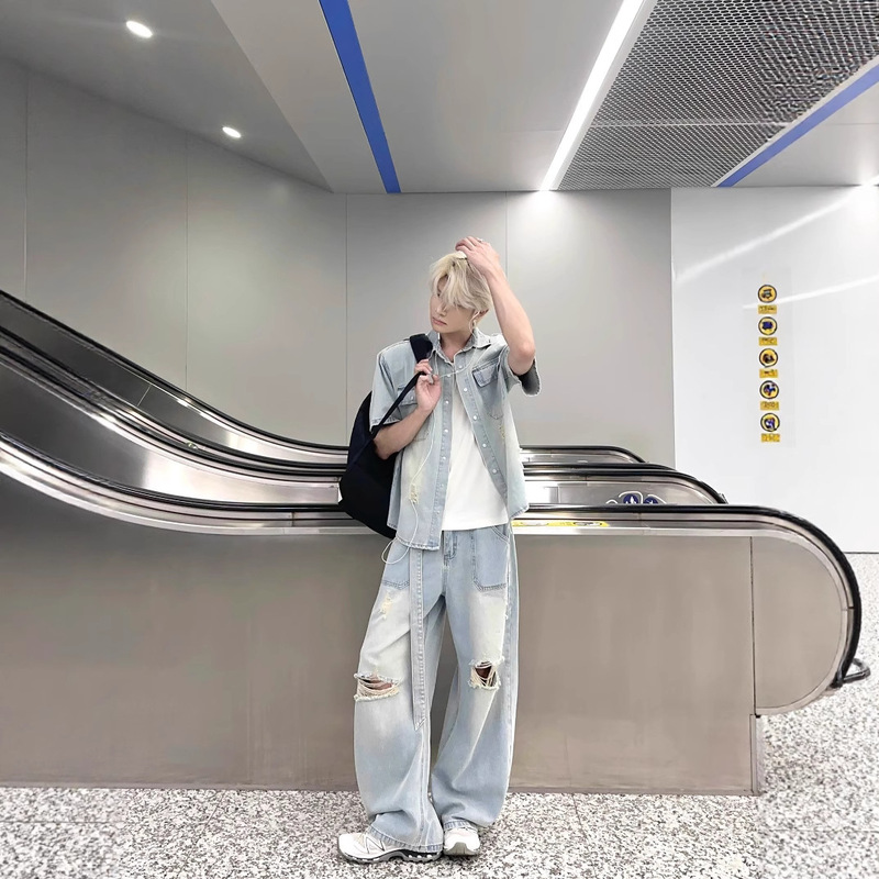 Light Blue Ripped Denim Shirt Suit Men's Design Handsome Straight Wide Leg Pants Summer Fashion Two-Piece Set