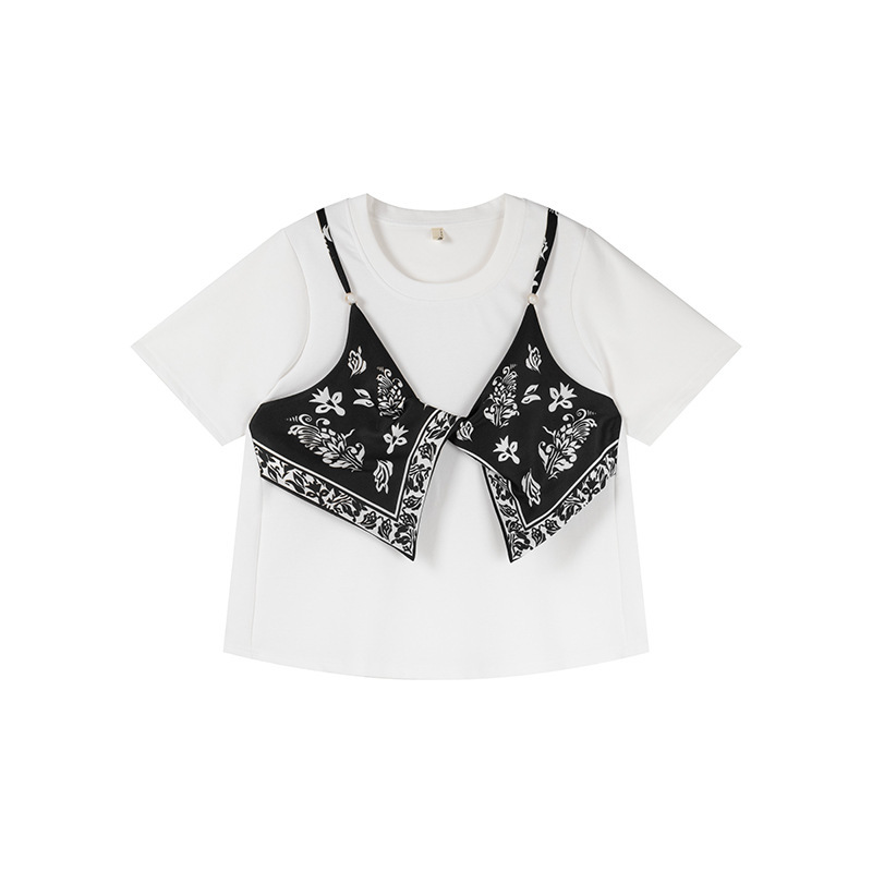 Shuangtian 2025 夏新ファットシスター大きいサイズ婦人服 100kg プリントステッチ偽ツーピース Tシャツ 9001|undefined