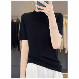 法式天丝半高领冰丝针织短袖t恤女春夏修身内搭打底毛衣中袖上衣