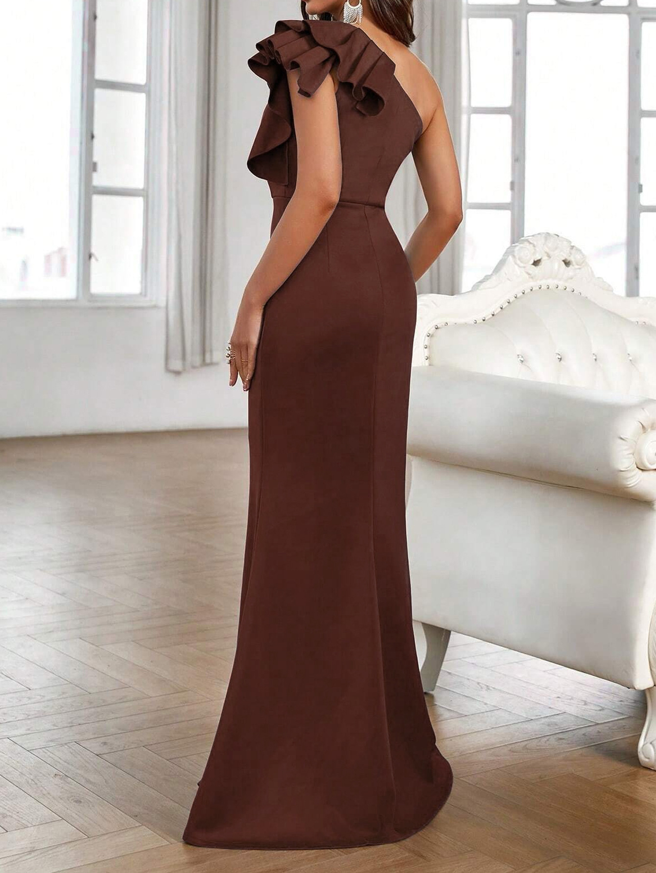 Women's Clothing one shoulder ruffled slit fishtail hem prom bridesmaid dress banquet wedding engagement dress_autovado.com