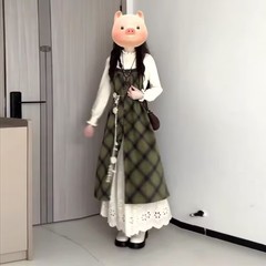 日系绿色长袖背带连衣裙套装2025秋季新款森女减龄甜美气质长裙子