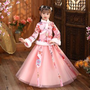 Kids pink Hanfu girls winter children chinese folk fairy princess dress New Year tang suits winter of princess dress model