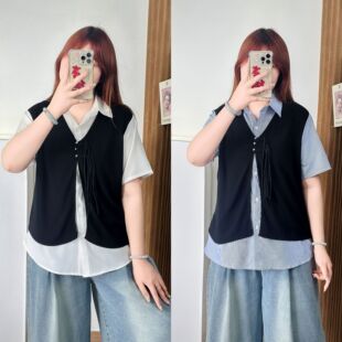 plus size Women's 2025 Summer New chubby girl Fashion Elegant Fake Two-piece Shirt 100.00kg Short-sleeved Shirt 6937