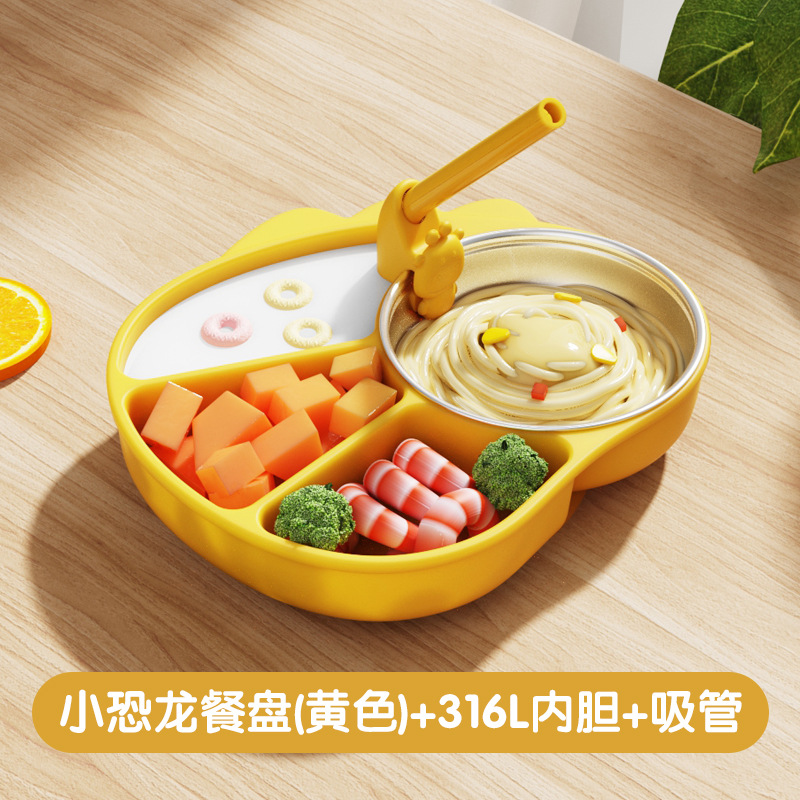 Placa de comedor de rejilla dividida de silicona para niños, tazón de adyuvante de dinosaurio de dibujos animados de grado alimenticio para entrenar al bebé para comer y separar la vajilla