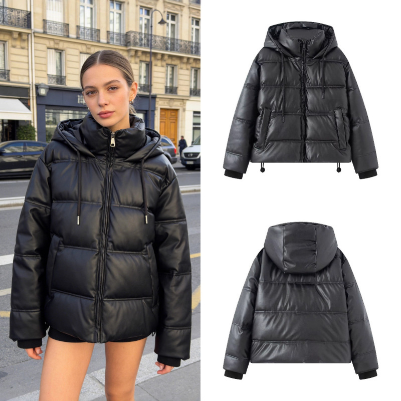 Za Foreign Trade Cross-Border Wholesale European and American Style Women's Winter Fashion Thickened Hooded Faux Leather down Cotton Jacket