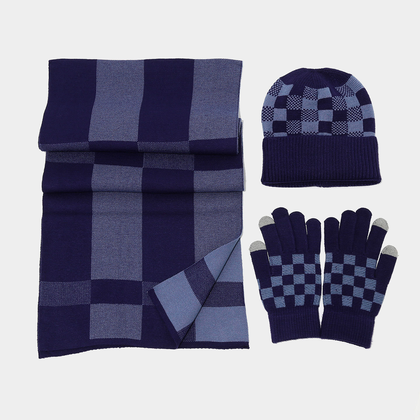 Tablero de ajedrez de malla de lana sombrero bufandas guantes set coreano invierno al aire libre para hombres y mujeres set de calor frío image 4