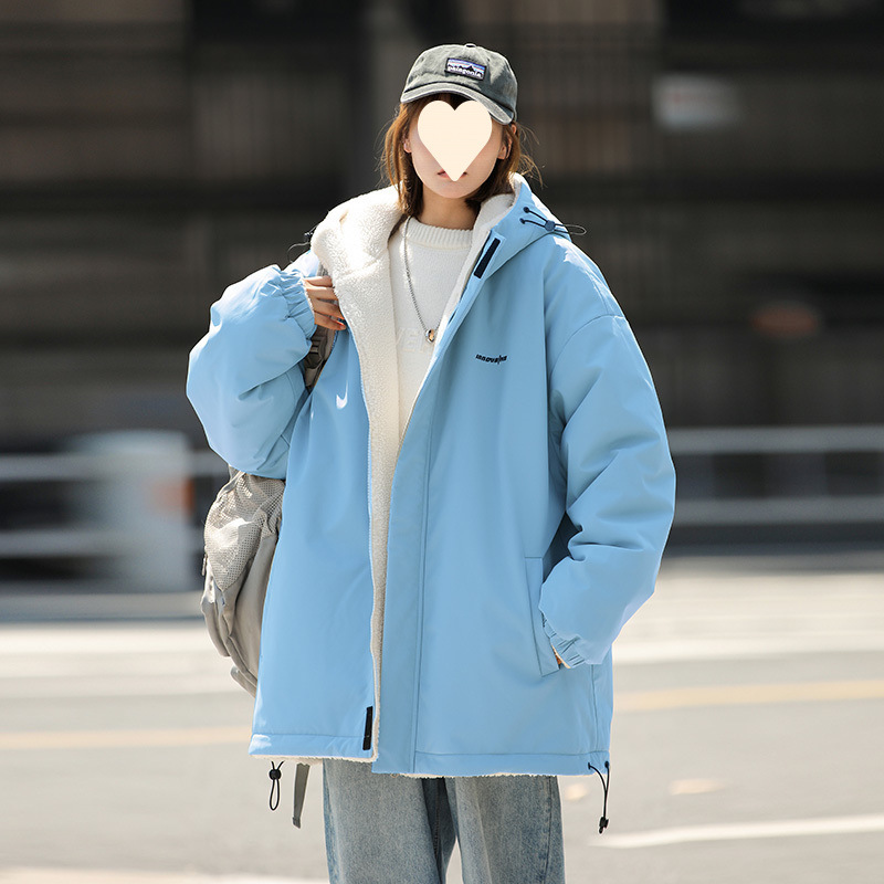 양고기 양털 그룹 양면 양면 양복 두꺼운 면 패딩 의류 면 패딩 재킷 남녀 커플을위한 겨울 느슨한 기모 따뜻한 외투