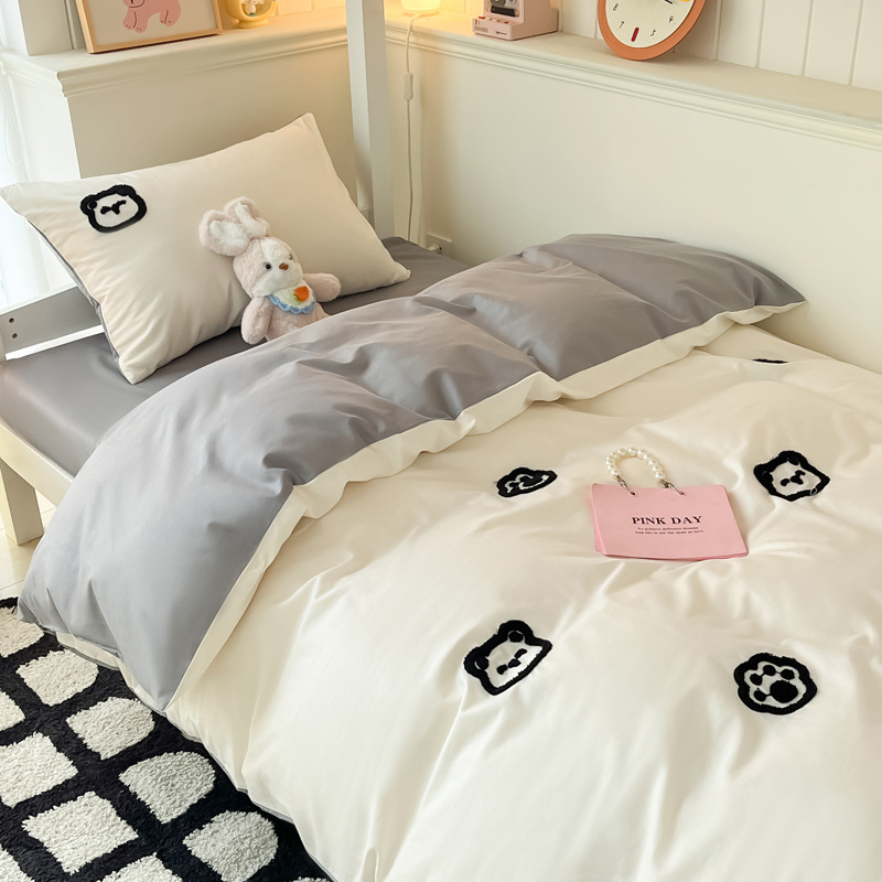 Juego de cama de dormitorio de estudiantes de tres piezas, ropa de cama de algodón puro, sábana, edredón, juego de cuatro piezas