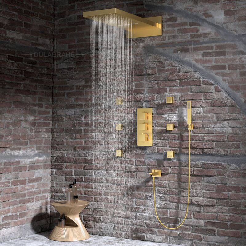 Brushed Gold Rain Shower Set with Brass Thermostatic Valve Body, Bathroom Wall-Mounted Concealed Shower System Brushed Gold Rain Shower Set with Brass Thermostatic Valve Body, Bathroom Wall-Mounted Concealed Shower System
