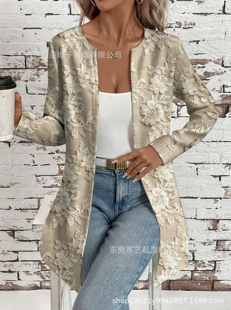 Printed Loose Casual Women's Mid length Long Sleeve Jacket Xxs - Shop at LoveMi