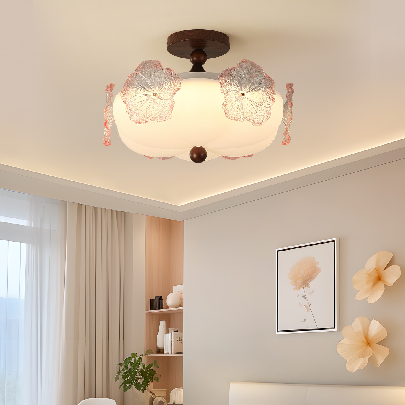 Luz de techo del dormitorio estilo medieval francés color nuez lujoso flores de vidrio sala de estudio lámpara L274