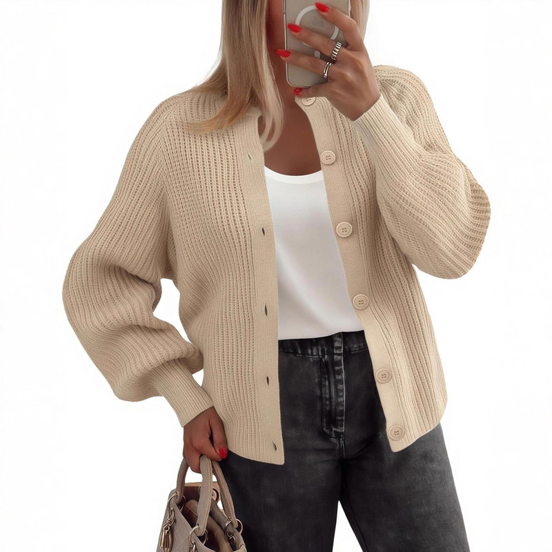 2025 Women's Cardigan Sweater Long Sleeve Thick Knitted Cardigan Round Neck Buttoned Autumn Fashion Clothing Spot Wholesale