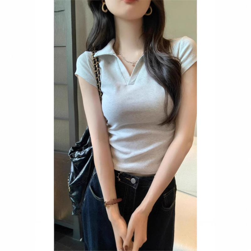 American Hot Girl Polo Collar Right Shoulder Short-Sleeved T-Shirt for Women 2025 New Summer Waist Slimming Look Short Versatile Top American Hot Girl Polo Collar Right Shoulder Short-Sleeved T-Shirt for Women 2025 New Summer Waist Slimming Look Short Versatile Top