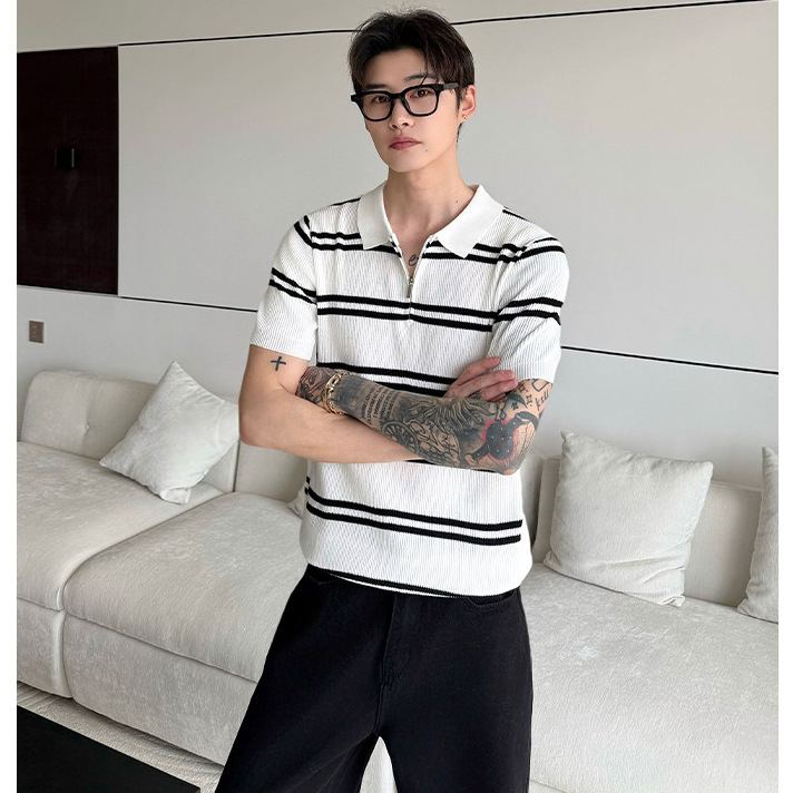 Camisas de polo de manga corta de vello de estilo de verano, camisetas de hielo con media cremallera a rayas, fábrica transfronteriza al por mayor