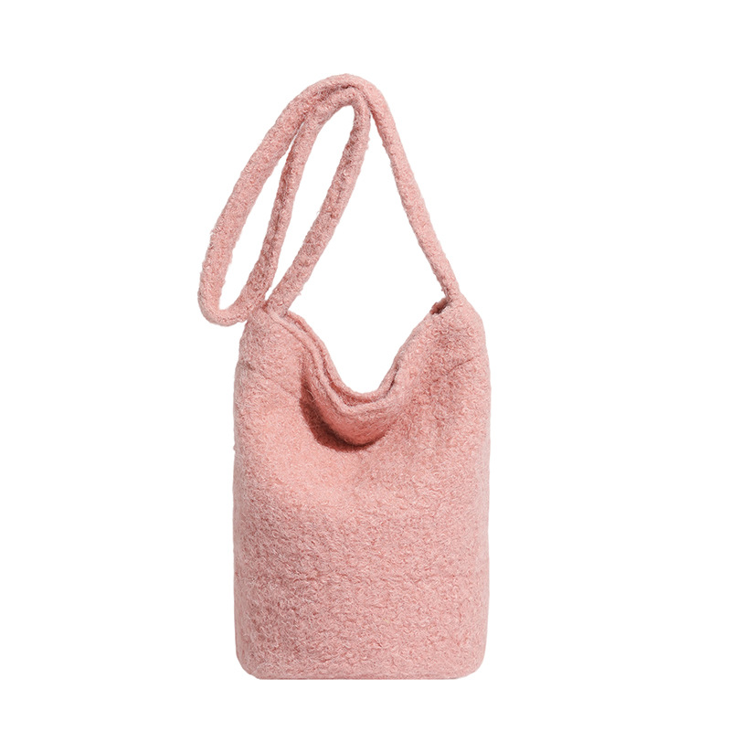 Bolsa de moda coreana de lana 2025 nuevo bolso de cubo de peluche suave glutinoso estilo extranjero de moda bolso de hombro de una sola mujer