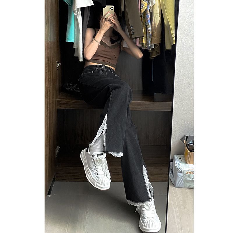 美式复古港味做旧牛仔裤女2025新款秋冬高个子直筒阔腿拖地长裤子|undefined