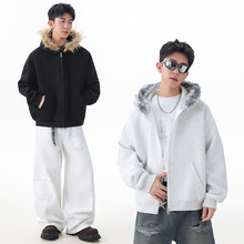 简恒美式复古兔毛领开衫连帽卫衣外套宽松休闲男秋季运动上衣外套