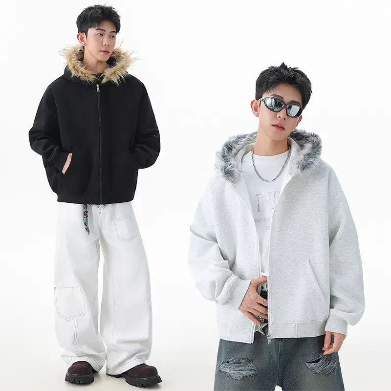简恒美式复古兔毛领开衫连帽卫衣外套宽松休闲男秋季运动上衣外套