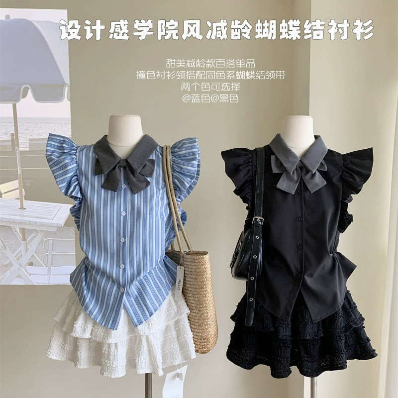 Французская маленькая полосатая рубашка с летающими рукавами и бантом в студенческом стиле, женская летняя дизайнерская нишевая шикарная рубашка, топ с короткими рукавами