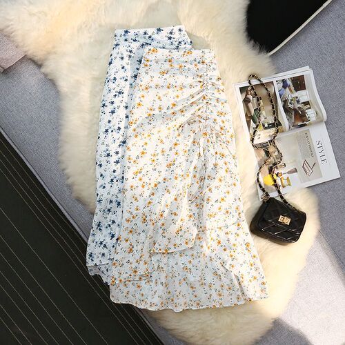 2025 fresh floral chiffon skirt for women autumn and summer new style design niche mid-length dress irregular fishtail skirt