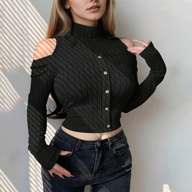 Shein Independent Site Cross-Border Women's Fashion Korean Style Trendy T-Shirt Spring and Summer Off-Shoulder Design Long-Sleeve Short Top