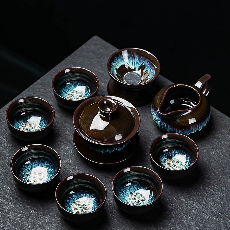 Kiln-turned Kung Fu tea set for home use, tea pot for office and reception, high-end gold-glazed Jianzhan teacup and gaiwan