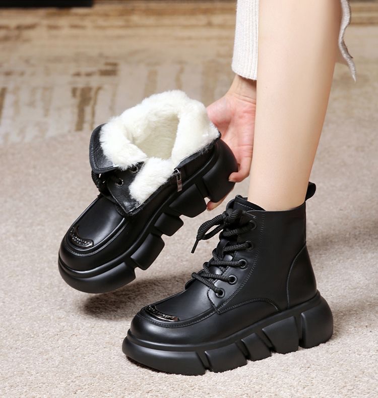 Fur integrated snow boots women's winter leather wool cotton boots thick-soled Martin boots women's short boots thickened warm cotton boots_voghion.com