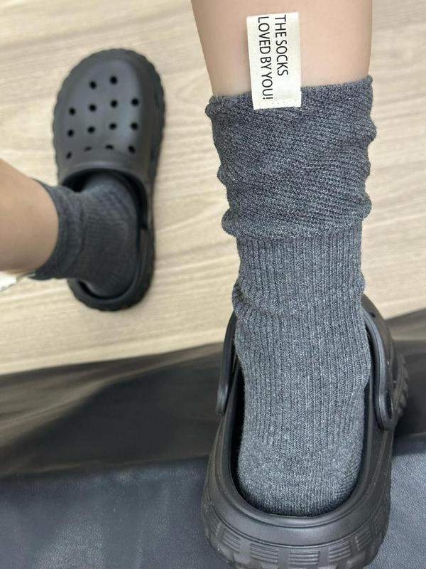 韩版ins中长筒百搭堆堆袜后跟布标粗线针织竖条纹夏季纯色小腿袜|undefined