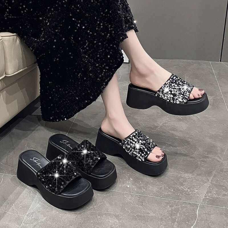 Platform Thick-Soled Flip-Flops for Women 2026 Summer New Versatile Fashion Sequined Wedge Waterproof Non-Slip Slippers