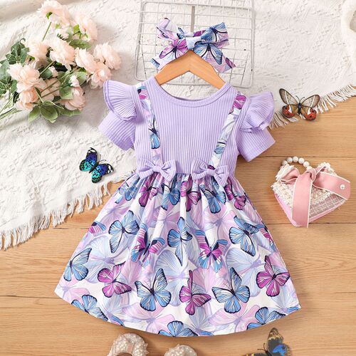 Cross-border Instagram junior girls summer fly sleeve short sleeve bow print two-piece fashionable dress trendy