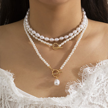 疊戴串珠心形滿鑽法式項飾氣質多層米狀仿珍珠項鏈女歐美跨境飾品