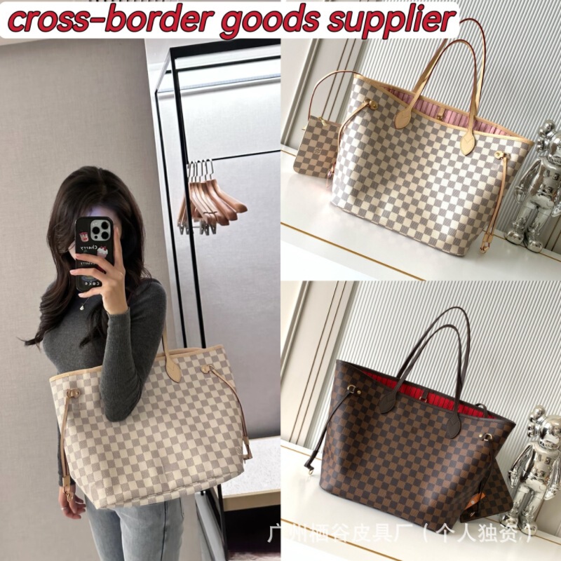 Classic Monogram Neverfull Shopping Bag, Single Shoulder Tote, Genuine Leather, Checkered Pattern, Women's Bag, Large Capacity
