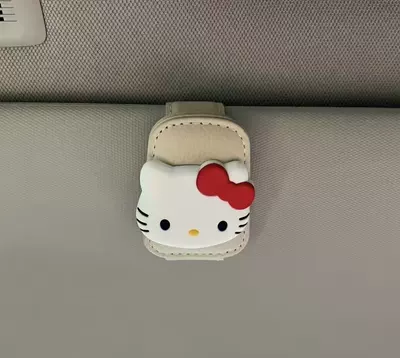 Cute Kt Cat Car Sunglasses Holder, Multifunctional Sun Visor Storage for Sunglasses, Cards, and Cute Receipt Clip (Car Glasses Clip/Bill Clip) - kt-cat-glasses-clip-red-bow