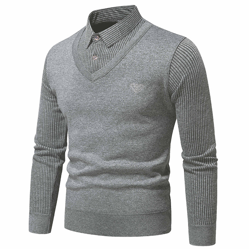 Long sleeved fake two-piece T-shirt spring and autumn new striped printed top casual lapel men's polo shirt for men_vogarts.com