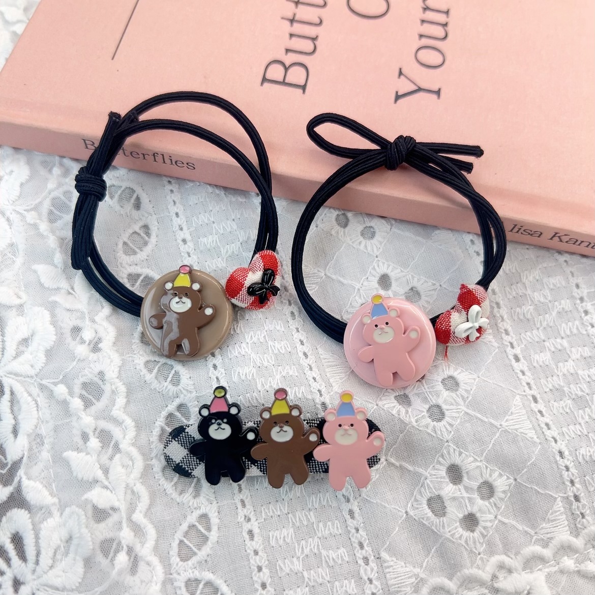 韓國東大門新款卡通小熊愛心蝴蝶結頭繩高彈力扎頭髮皮筋發繩髮飾