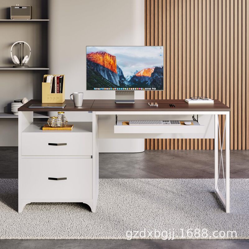 Cross-Border Desk with Drawers, Industrial Style Computer Desk, Study Desk with Keyboard Tray and File Drawer