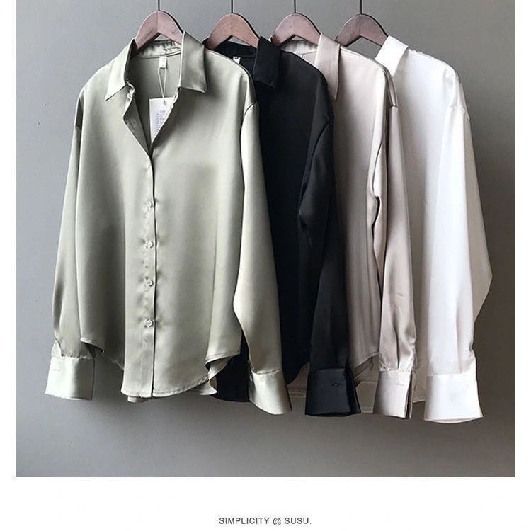 Women's Clothing acetate satin shirt women's glossy outer wear drape long sleeved shirt design niche light mature top spring_voghion.com